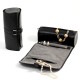 Black Leather Jewelry Roll with Zippered Compartments for Watches or Bracelets, Straps for Hanging Necklaces and for Rings or Earrings. Strap with Magnetic Clasp