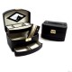 3 Level Hinged Black Leather Jewelry Box with Mirror, Travel Roll and Locking Clasp